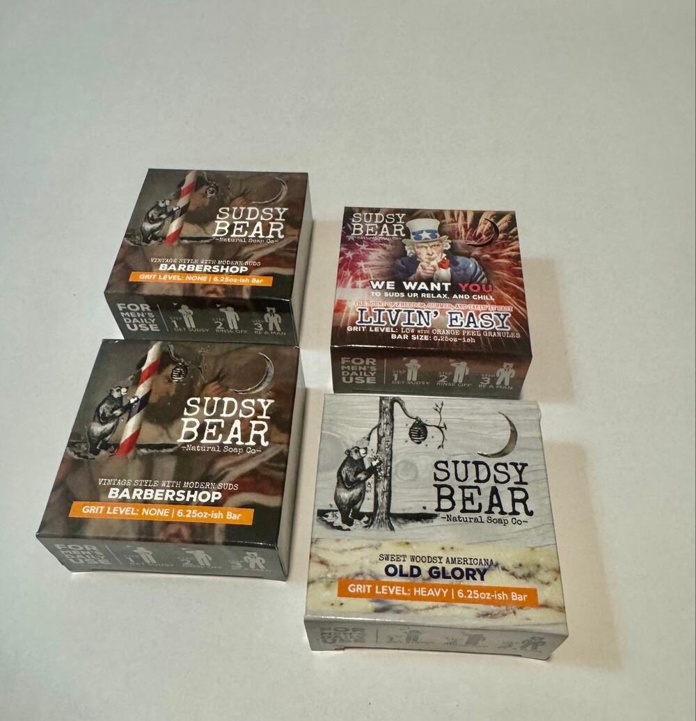 Sudsy Bear Soap Lot of 4 Barbershop Livin Easy Old Glory New